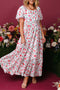 Pink Floral Puff Sleeve Square Neck Empire Waist Tiered Maxi Dress